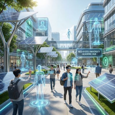 Futuristic university campus with students interacting with holographic AI agents