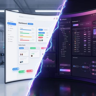 Split screen comparison of Monday.com colorful interface vs ClickUp dark mode complex dashboard