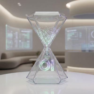 Futuristic 3D hourglass with glowing digital sand in OpenAI colors