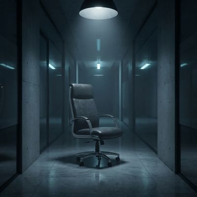 Moody, cinematic shot of an empty office chair in a dark corridor representing quiet firing