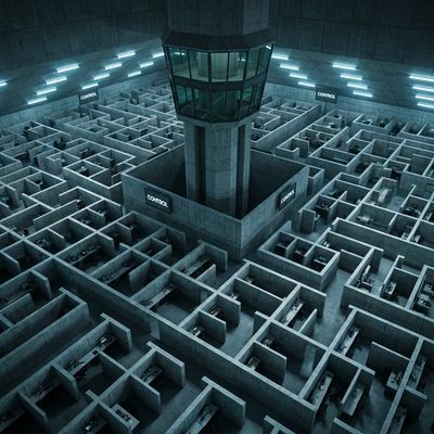 Top-down view of a brutalist, maze-like cubicle farm representing corporate control