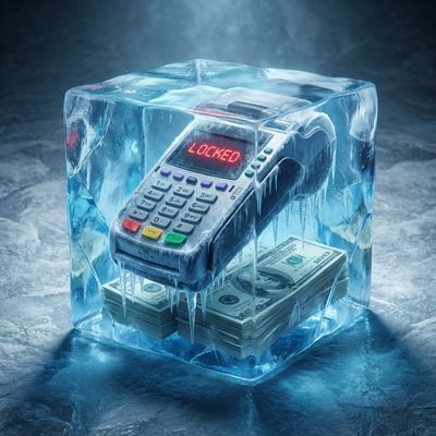 Frozen credit card terminal encased in ice with red LOCKED sign