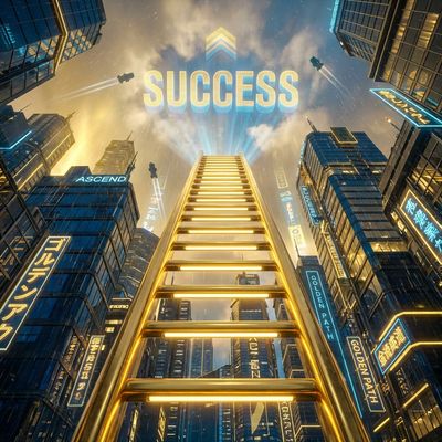 Golden ladder ascending into a futuristic cyberpunk skyline representing career success