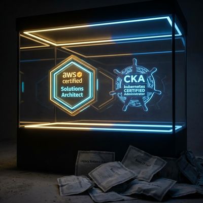 Glowing 3D tech certifications floating in a museum case