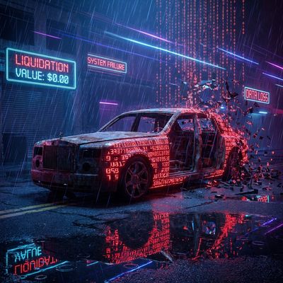 Wrecked luxury car frame dissolving into glitchy red digital code