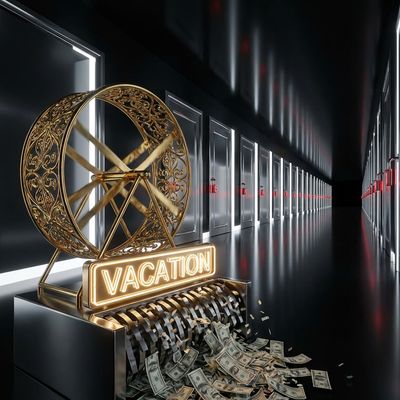 Conceptual art of a golden hamster wheel shredding money representing unlimited PTO