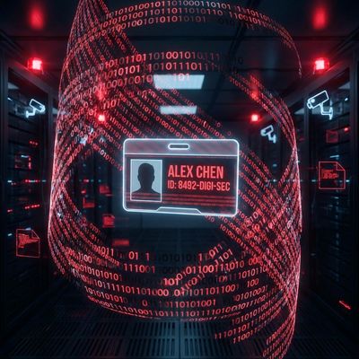 Digital surveillance cage made of red binary code surrounding an employee ID card